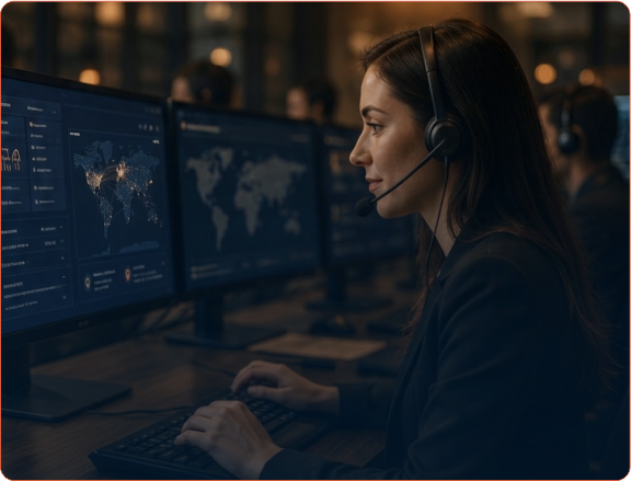 Consultora de atendimento com headset em centro de operações